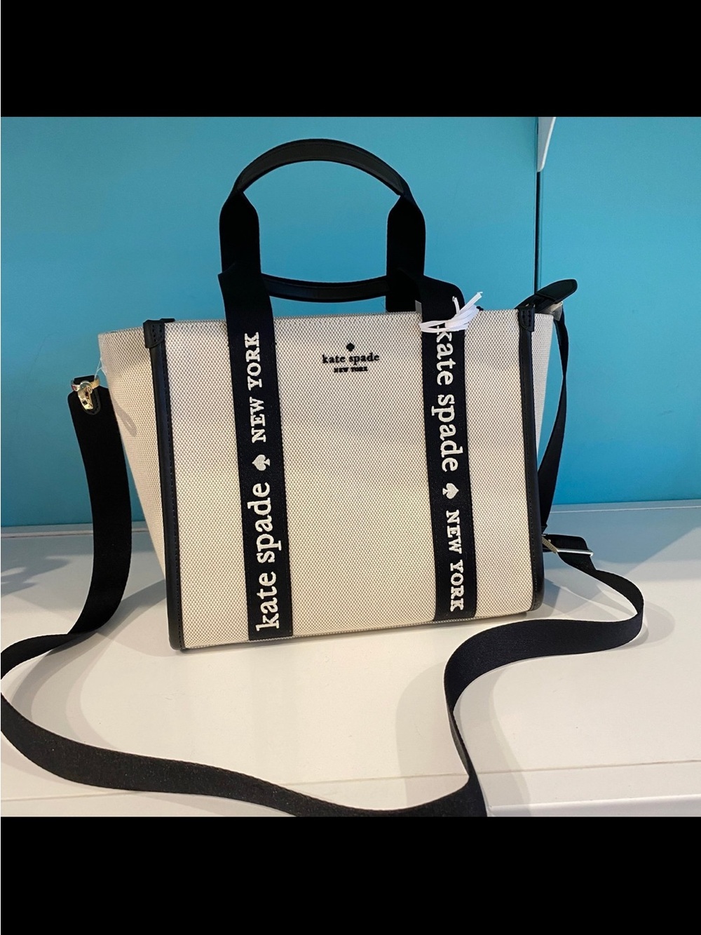 kate spade Cream and Black Logo-Strip Canvas Tote